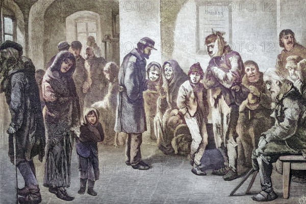 Wiener Wärmestube fuer Obdachlose, Vienna, Austria, coloured wood engraving, reproduction of an