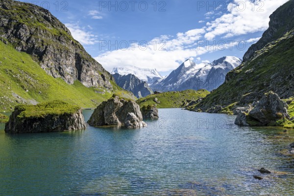 Mountain lake with view of glaciated mountain peaks, Lac du Louvie with summit Grand Combine,