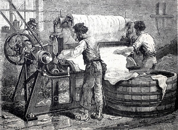 Leather processing, worker at a splitting machine for leather, around 1880, digitally improved