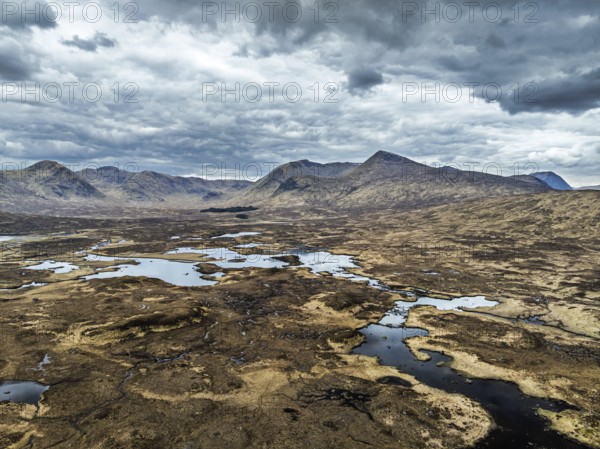 Rannoch Moor from a drone over Loch Ba and Loch of the Armpit, A82 Highland Way, Argyll and Bute,