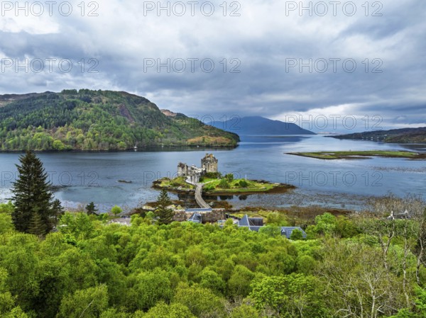 Eilean Donan Castle and Loch Duich from a drone, Isle of Skye, Highlands, Scotland, England, United