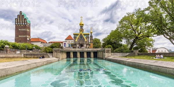 Wedding Tower, Lily Basin and Russian Chapel, Mathildenhöhe Darmstadt, artists' colony, Darmstadt,