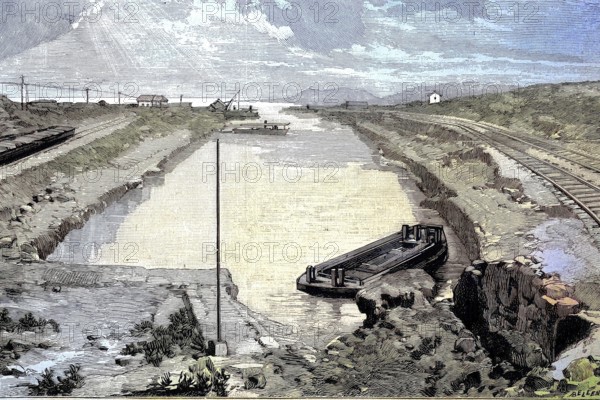 The Corinth Canal, Greece, the mouth in the west to the Gulf of Corinth, Illustration from 1894,