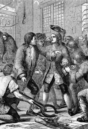 A debtor is admitted to the Fleet Prison. During the reign of George II, the prison was mainly used