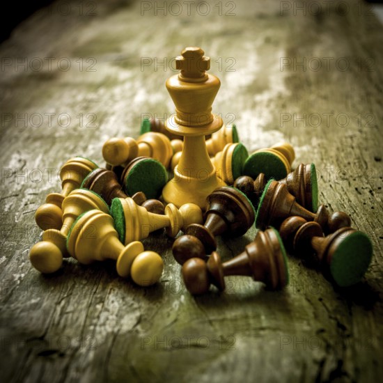 Chess pieces are strewn across a rustic wooden table, with a prominent king piece standing tall