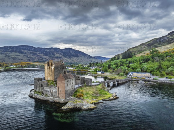Eilean Donan Castle and Loch Duich from a drone, Isle of Skye, Highlands, Scotland, England, United