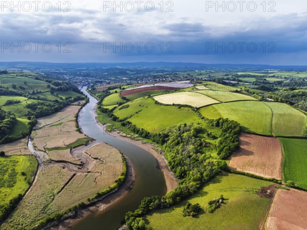 Farms and Fields over River Dart from a drone, Stoke Gabriel, Totnes, Devon, England, United