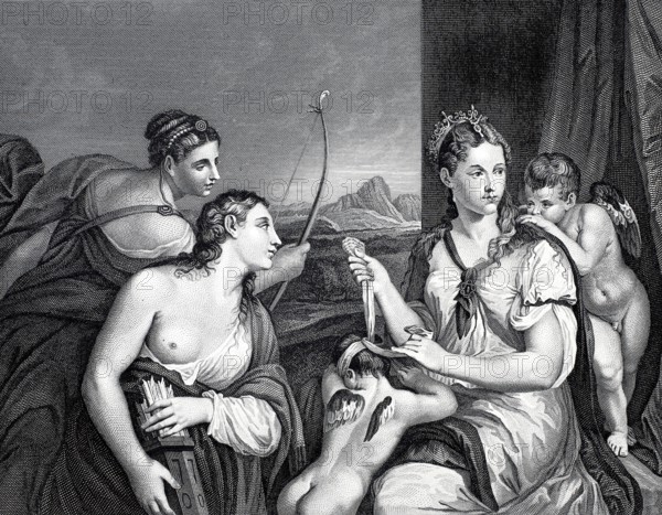 The Equipping of Cupid by Venus and the Graces, Venus blindfolds Cupid, steel engraving after a