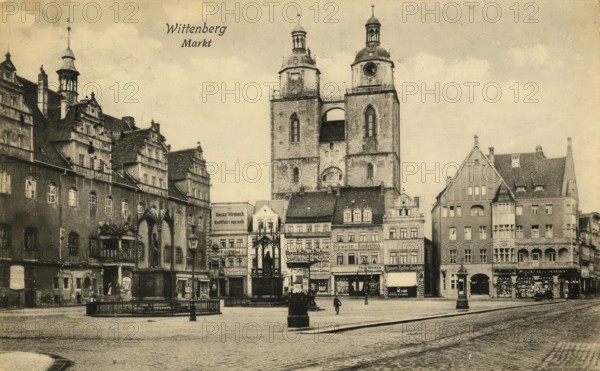 Historical postcard, picture postcard, market square of Wittenberg, Saxony-Anhalt, Germany,