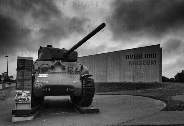 M4A1 Sherman tank, exhibit in front of Overlord Museum, black and white, Colleville-sur-Mer, D-Day,