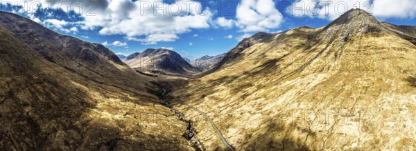 Panorama of Mountains and Moors over Glen Etive Valley from a drone, Buachaille Etive Mòr, The