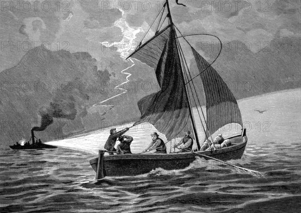 A smuggling ship on Lake Garda, Italy, Illustration from 1894, Reproduction, digitally enhanced,
