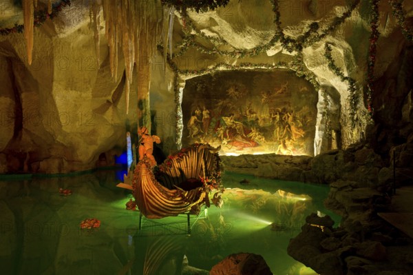Venus Grotto by King Ludwig II, artificial stalactite cave, lake with boat, painting Tannhäuser bei