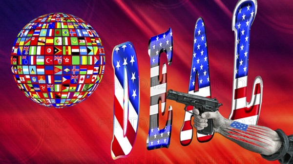 Symbolic image, Trump in deal madness, governing with decrees, no more United States, democracy