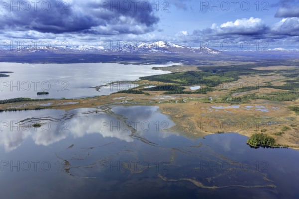 Aerial view over Lake Ånnsjön and mountain peak Storsnasen in the Snasahögarna mountain range,