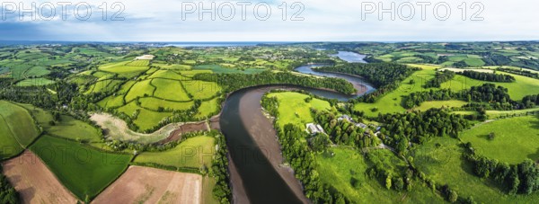 Panorama of Farms and Fields over River Dart from a drone, Stoke Gabriel, Totnes, Devon, England,