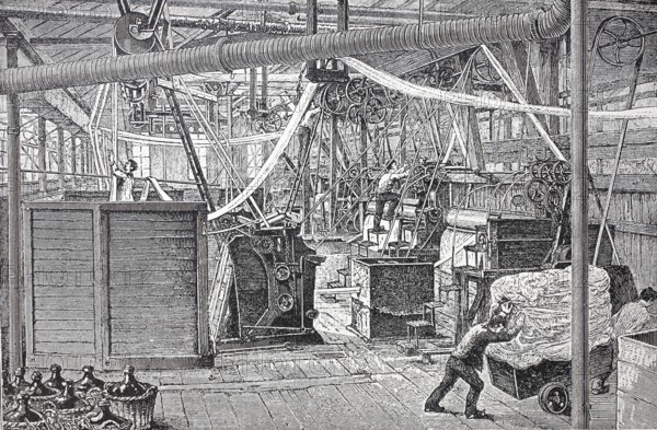Textile industry, interior view of a chemical bleaching plant around 1880, digitally enhanced