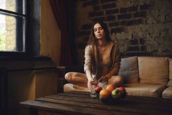 A pregnant woman is sitting on the couch near a window and reaching for a bottle of water on the