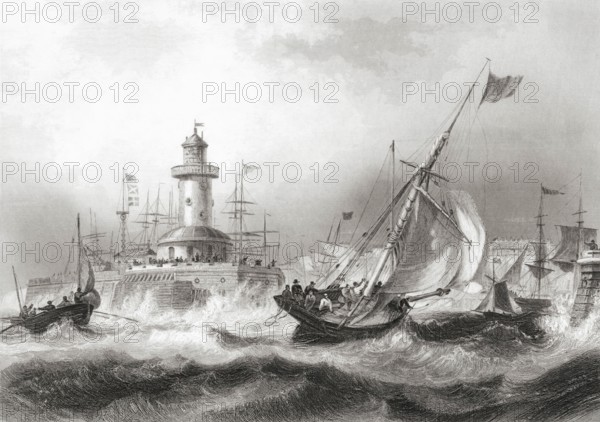 Lighthouse and Moote off Ramsgate, Kent, England in the 19th century. From the Cyclopaedia of