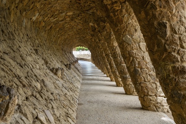 Colonnaded footpath, Park Gueell, Antonio Gaudi architect, Unesco World Heritage Site, Gracia