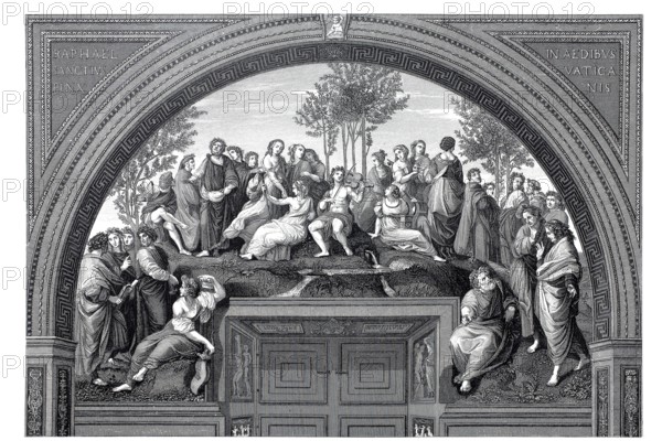 The Parnassus, a fresco painting by the Italian High Renaissance artist Raphael in the Raphael