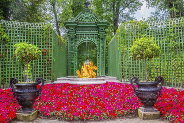 Baroque garden parterre on the west side of Linderhof Palace, Ettal, Ammertal, Upper Bavaria,