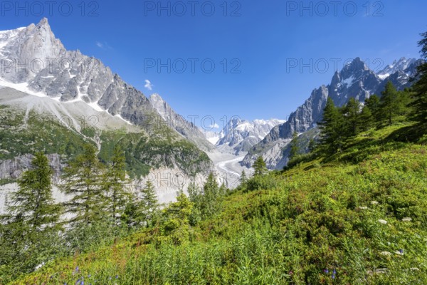 Picturesque mountain landscape with imposing mountain peaks and glaciers, Grand Balcon Nord, Mer de