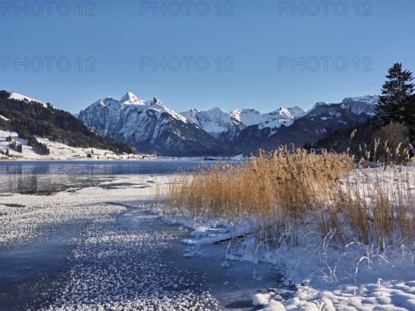 Frozen Sihlsee, reservoir, behind the snow-covered mountains Flübrig and Druesberg, Euthal, Canton