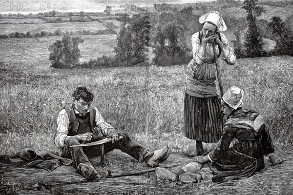 Agriculture, Farmer cutting grass in the field, the man is dening, sharpening, a scythe, 1880,