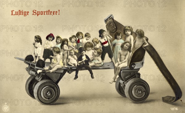 Children on a roller skate, 1920s, Children on an oversized toy wagon, imaginative and funny, old