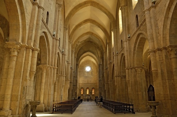 Nave, choir with altar, interior, Gothic basilica of the Cistercian abbey of Fossanova Monastery,