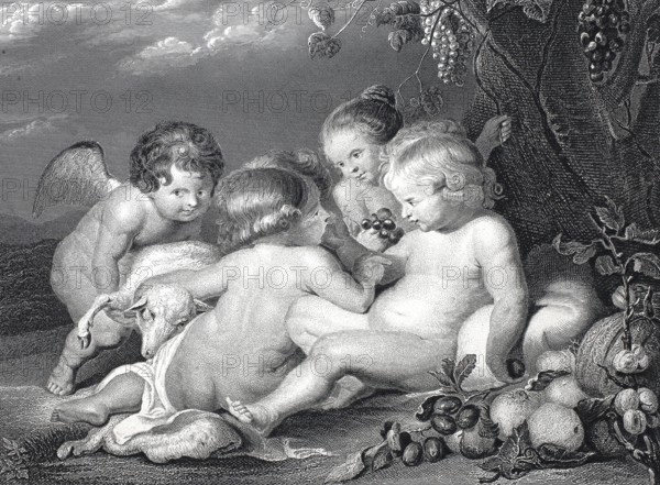 Christ and John as children, steel engraving after a painting by Rubens, historical, digitally