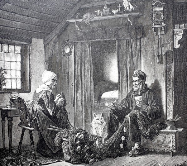 Happy old age, an old couple in their home, fishermen, repairing the net, at home, around 1869,