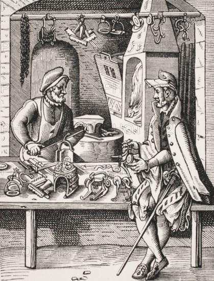 Spore maker. Reproduction of a woodcut from the 16th century by Jost Amman from the 19th century,