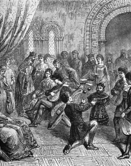 Medieval entertainment with court jesters, minstrels, jugglers and a dwarf. 11th century, digital