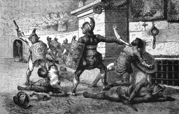 A defeated gladiator appeals to the crowd during a gladiator fight, Italy, digital reproduction of