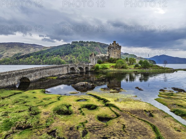 Eilean Donan Castle and Loch Duich from a drone, Isle of Skye, Highlands, Scotland, England, United