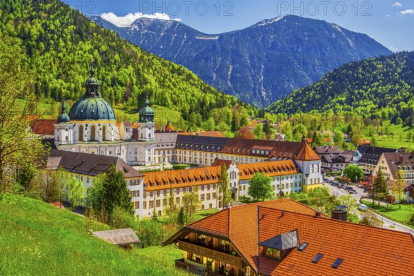 Ettal Monastery in spring, municipality of Ettal, Ammergau Alps, Upper Bavaria, Bavaria, Germany