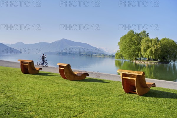 Wooden loungers on Lake Zug, behind the Rigi, Villette, Park, Cham, Canton Zug, Switzerland