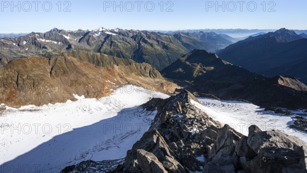 Mountain panorama at the Wilder Freiger summit, picturesque high mountain landscape with rocky