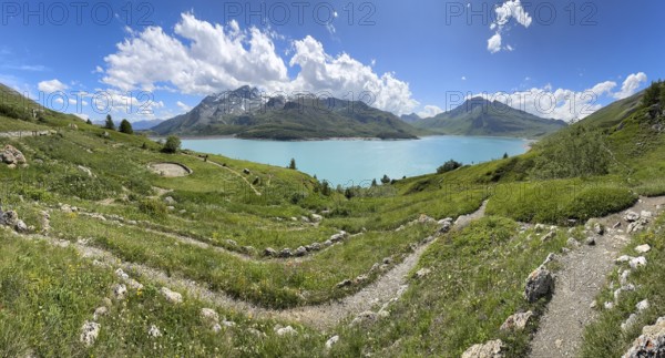 Panoramic view of Jardin Alpin in the foreground, Lac du Mont Cenis reservoir behind, Mont Cenis