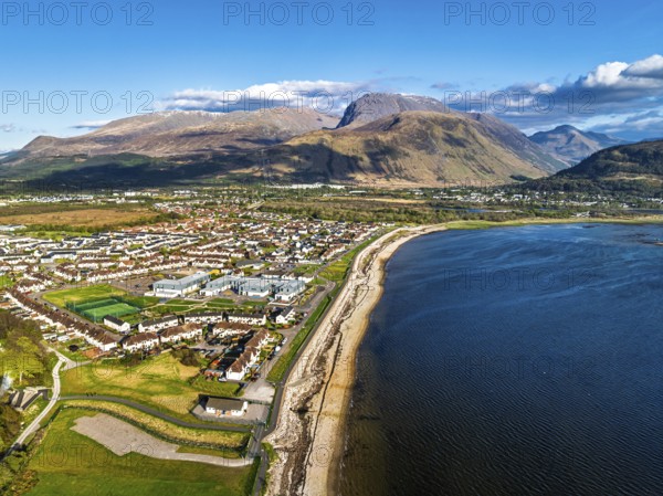 View of Caol Beach and Nevis Range Mountains from a drone, Corpach, Fort William, Highland,