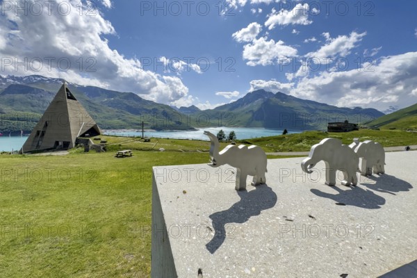 View from viewing platform to Mont-Cenis Pyramid Museum with stylised pyramid Museum in memory of