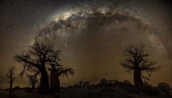 Silhouettes of several baobab trees with starry sky and Milky Way, African baobab (Adansonia