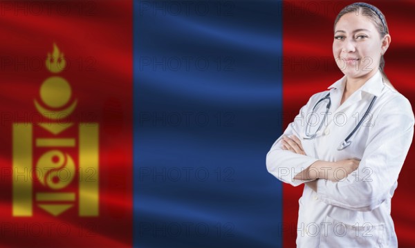 Female doctor on Mongolia flag. Doctor with crossed arms on Mongolia flag. Mongolia health and care