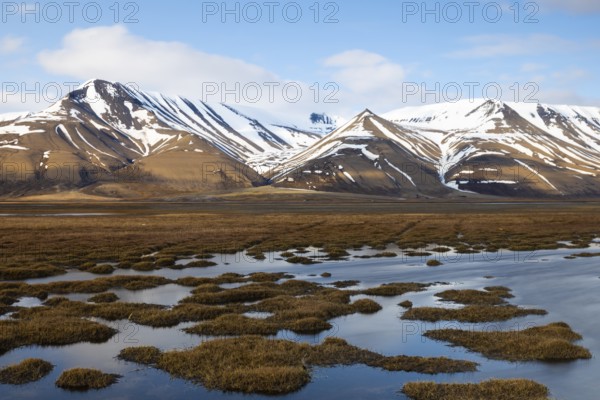 Small islands in the meltwater off Tenoren, mountain range, snow, Aventdalen, Longyearbyen,