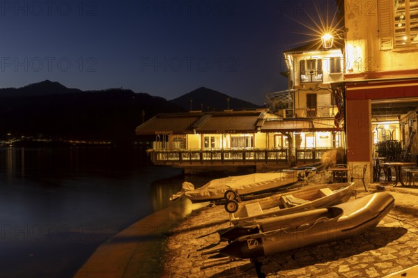 Cafe with fishing boats, Orta San Giulio, on Lake Orta, Province of Novara, Piedmont, Lago d'Orta,