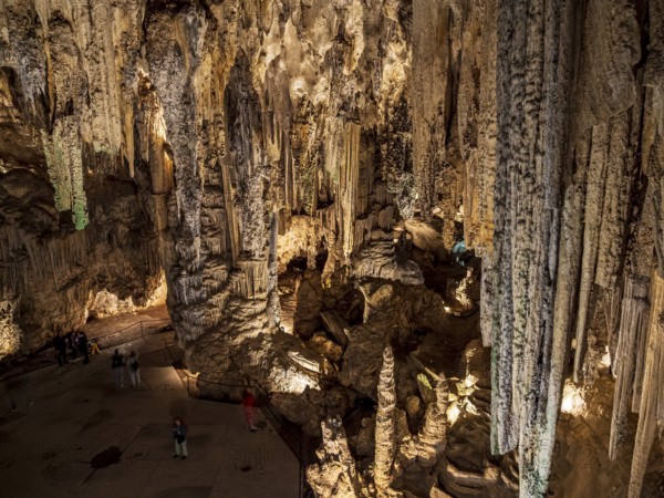 Cueva de Nerja, illuminated cave, large stalagmites and stalagtites, Nerja, Andalusia, Spain