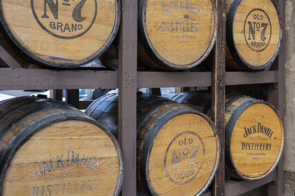 Barrels of whiskey aging in one of the barrel houses at the Jack Daniel Distillery in Lynchburg,