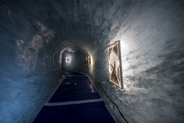 Artificial ice cave through the glacier ice, Mer de Glace, Montenvers, Chamonix, Haute-Savoie,